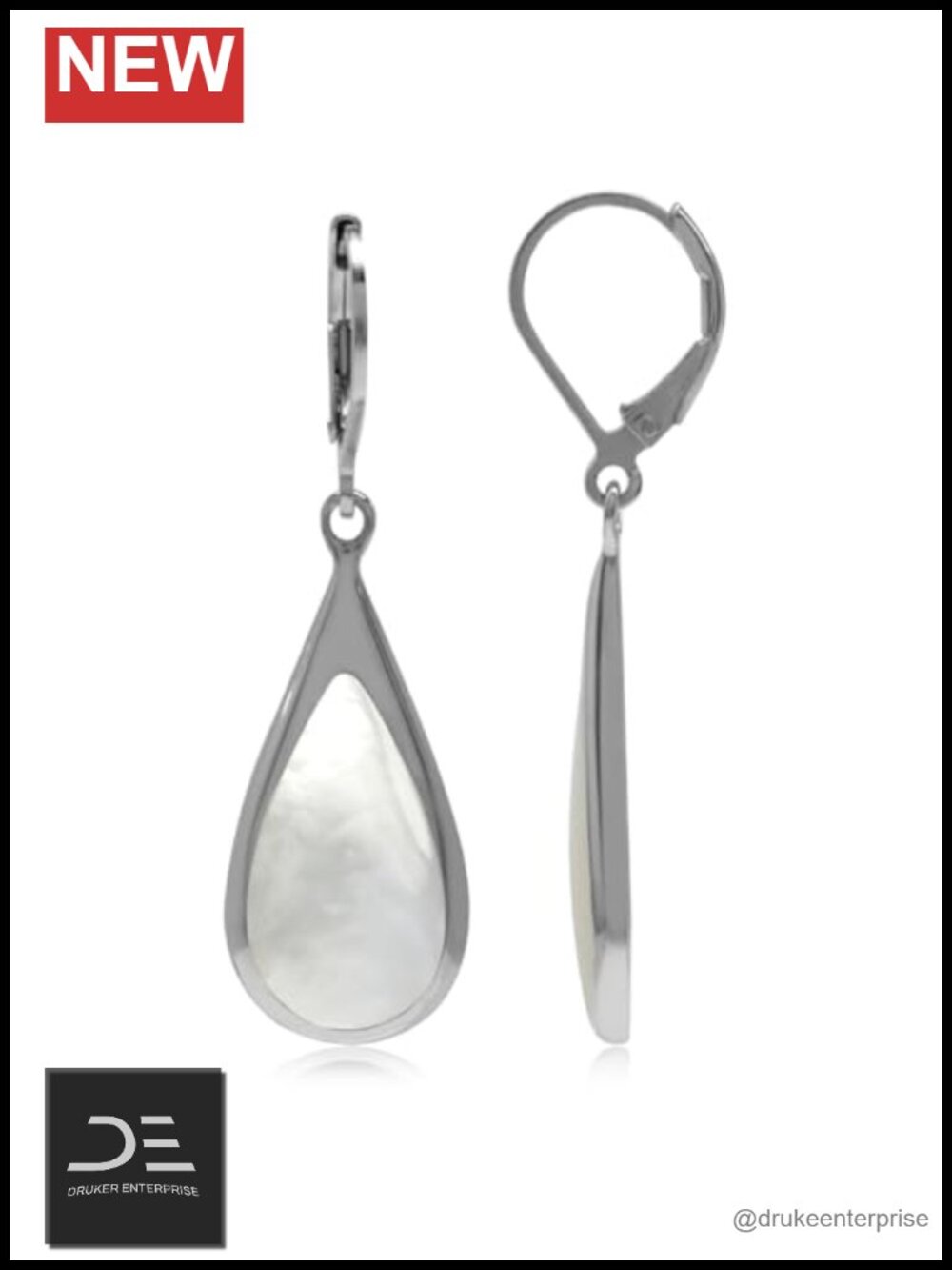 White Gold Plated 925 Sterling Silver Mother of Pearl Inlay Drop Dangle